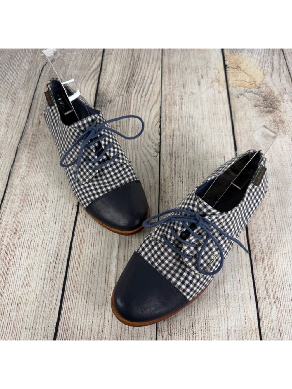 G.H. Bass Evelyn Oxford Shoes Navy Blue White Gingham Leather Toe Cap Size 7.5M